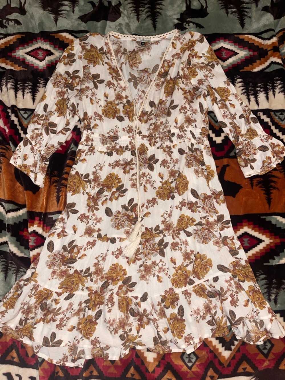 Wildfox Cream Floral Long Sleeve Boho Dress with Mustard Brown Print